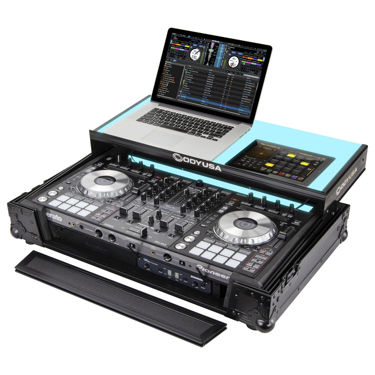 Black Pioneer DDJ-SX / DDJ-SX2 Case with 1U Rack Space LED panel and Glide Platform