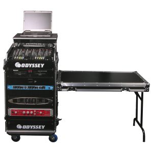 Deluxe 11U Top Slanted 16U Bottom Vertical Pro Combo Rack with Casters, Side Table, and Glide Platform