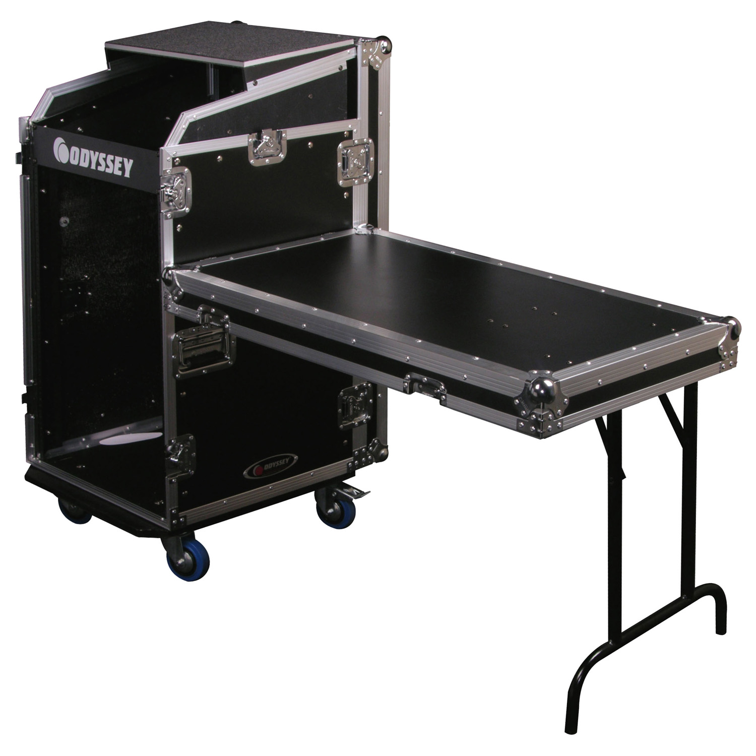 Deluxe 11U Top Slanted 16U Bottom Vertical Pro Combo Rack with Casters, Side Table, and Glide Platform - Image 2