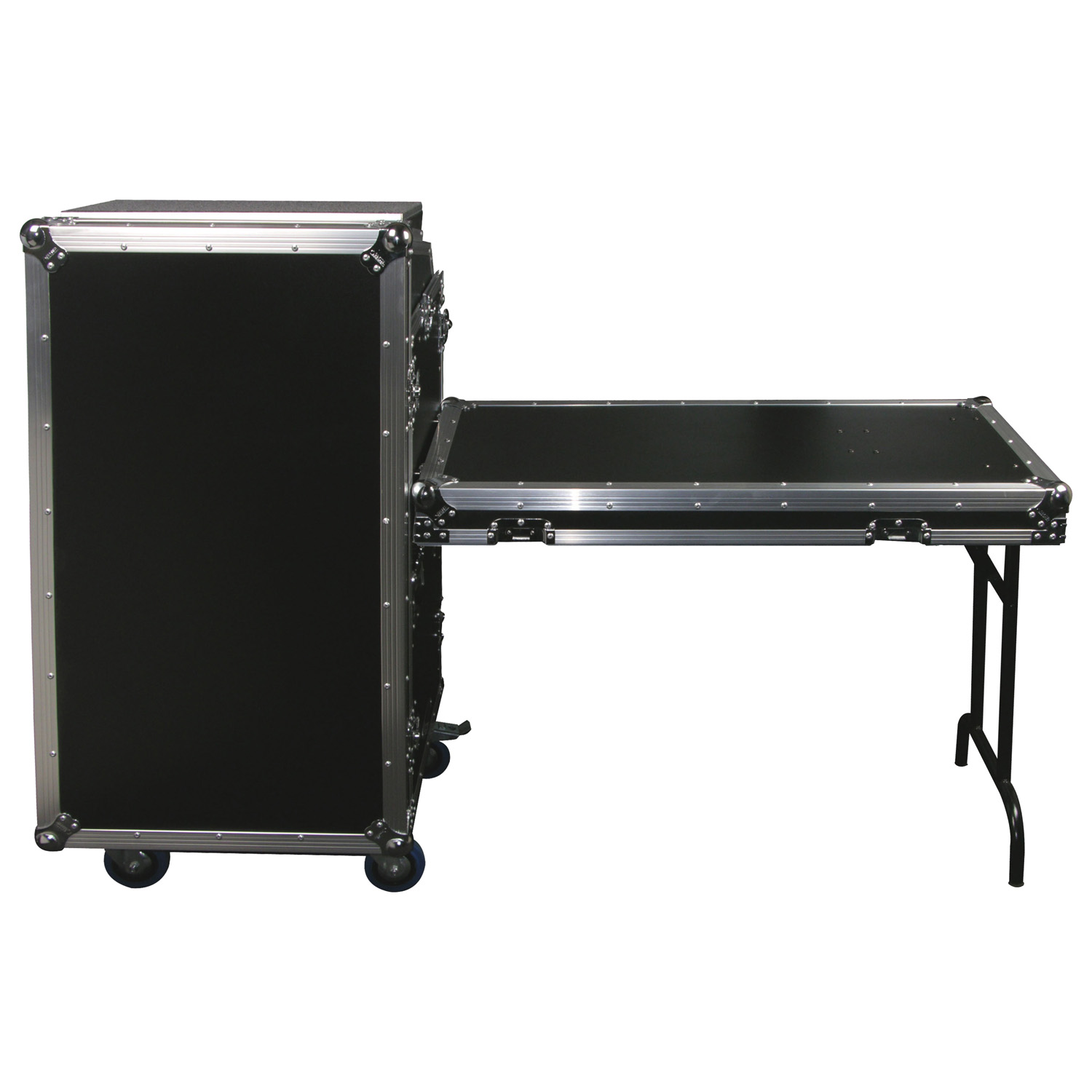 Deluxe 11U Top Slanted 16U Bottom Vertical Pro Combo Rack with Casters, Side Table, and Glide Platform - Image 4