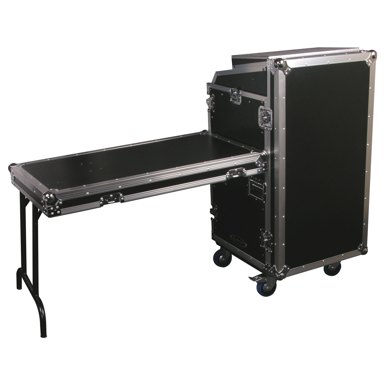 Deluxe 11U Top Slanted 16U Bottom Vertical Pro Combo Rack with Casters, Side Table, and Glide Platform - Image 5