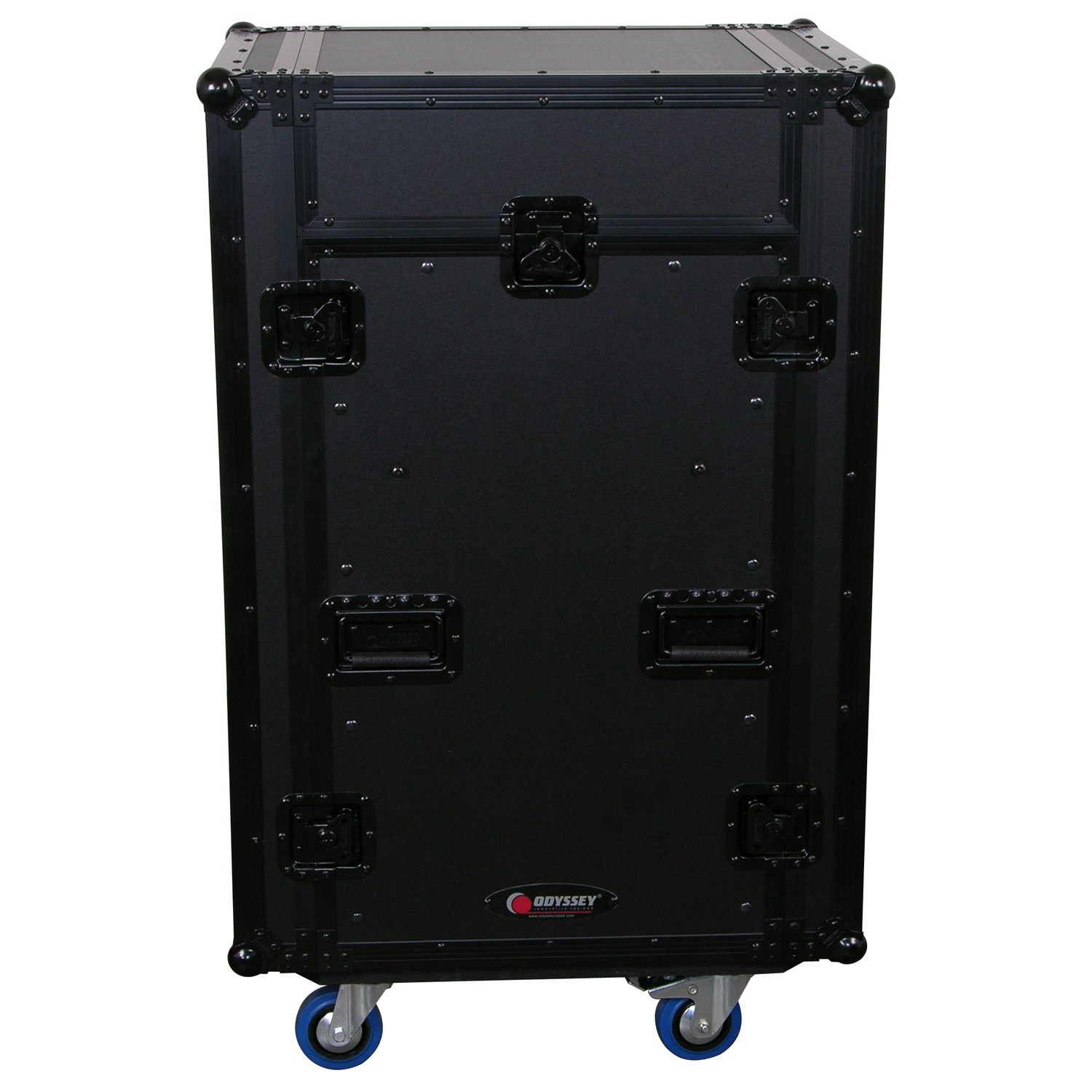 Deluxe Black 11U Top Slanted 16U Bottom Vertical Pro Combo Rack with Casters, Side Table, and Glide Platform - Image 2