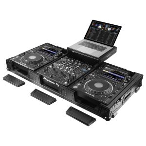 Extra Deep Black DJ Coffin Case for 12″ Format DJ Mixer and Two Media Players with Glide Platform