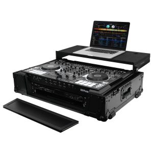 Black Roland DJ-808 / Denon MC7000 Flight Case with 2U Rack Space and Glide Platform