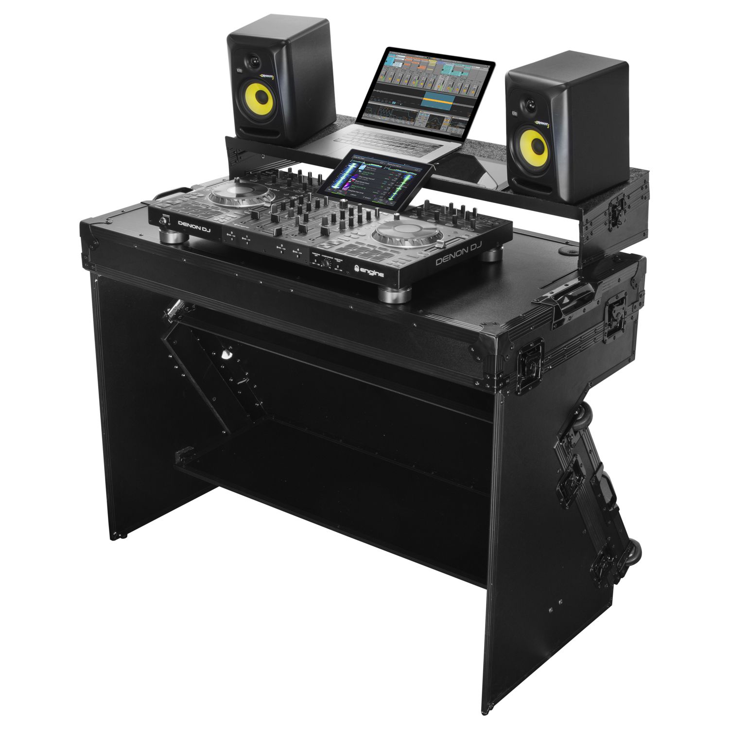 Black DJ Z-Stand Foldout Table with Laptop Platform and Wheels