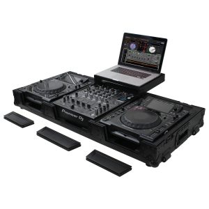 Black Low Profile 12" Format DJ Mixer and Two Large Format Media Players Flight Coffin Case with Wheels and Glide Platform