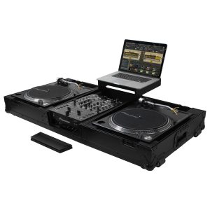 Black Low Profile 10" Format DJ Mixer and Two Battle Position Turntables Flight Coffin Case with Wheels and Glide Platform