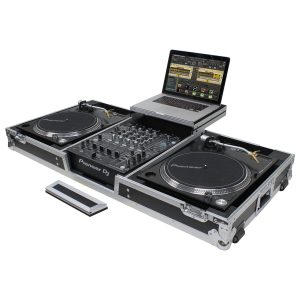 Low Profile 12" Format DJ Mixer and Two Battle Position Turntables Flight Coffin Case with Wheels and Glide Platform