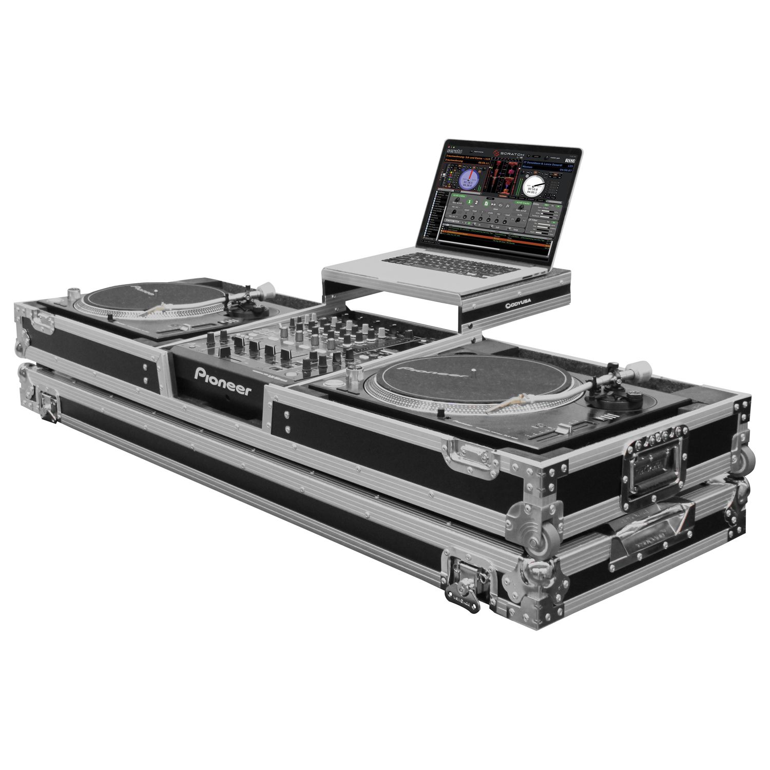 DJ Coffin For 2 Turntables In Standard Position & A 12" Format DJ Mixer Flight Zone Low Profile Glide Style Series