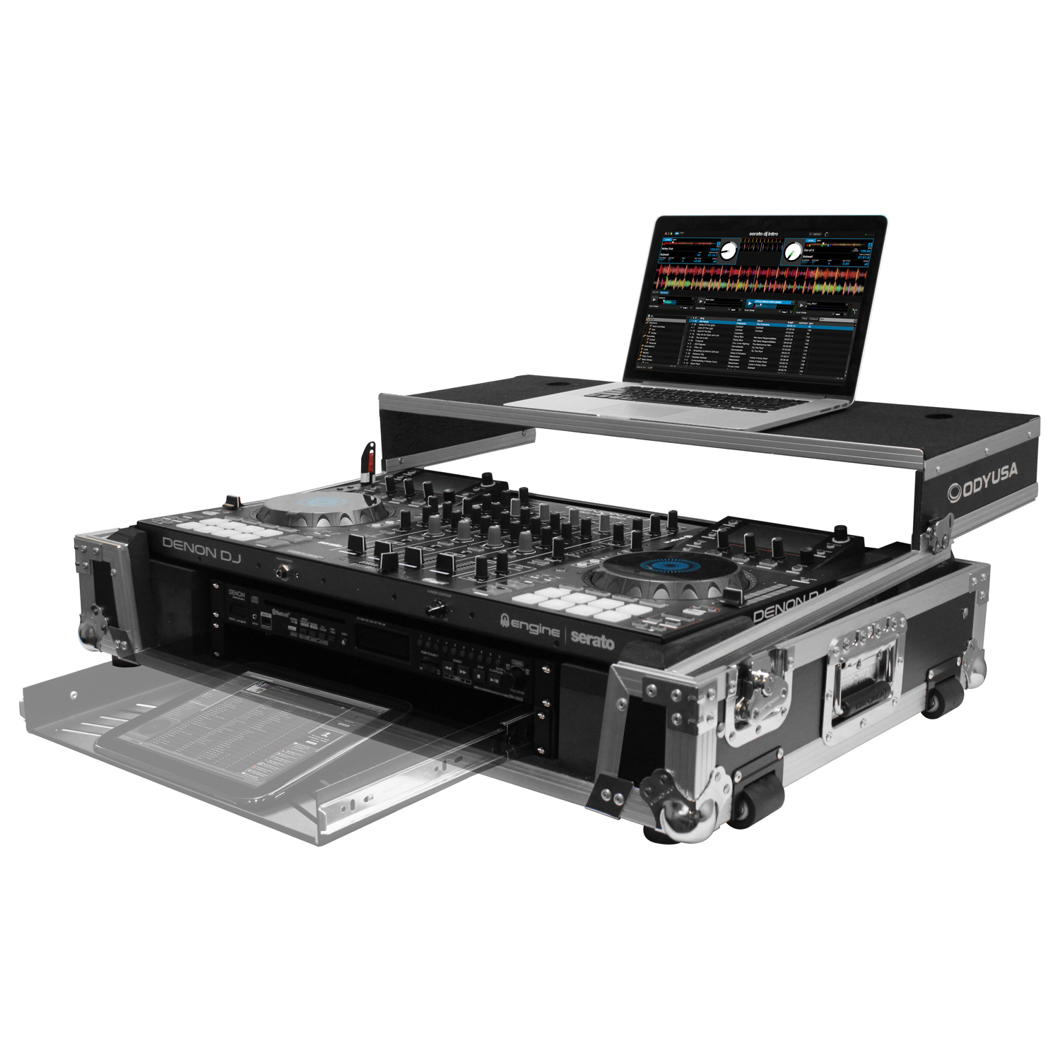 Denon MCX8000 Flight Case with 2U Rack Space, Wheels, and Glide Platform