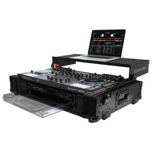 Black Denon MCX8000 Flight Case with 2U Rack Space, Wheels, and Glide Platform