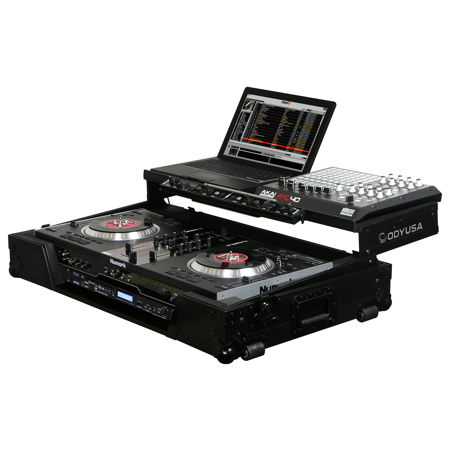 Black Numark NS7 / NSFX Flight Case with 1U Rrack Space and Glide Platform