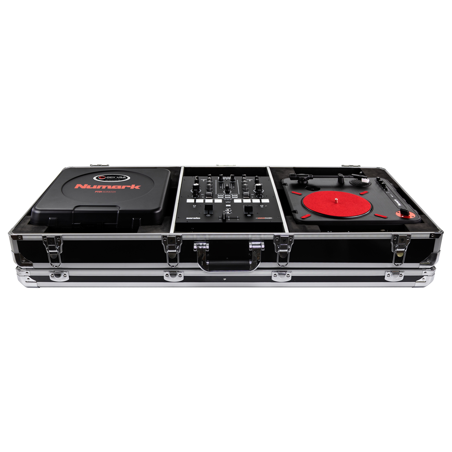 KROM Series Black Compact 10" Format DJ Mixer and Two Numark PT01 Turntables Coffin Case - Image 2