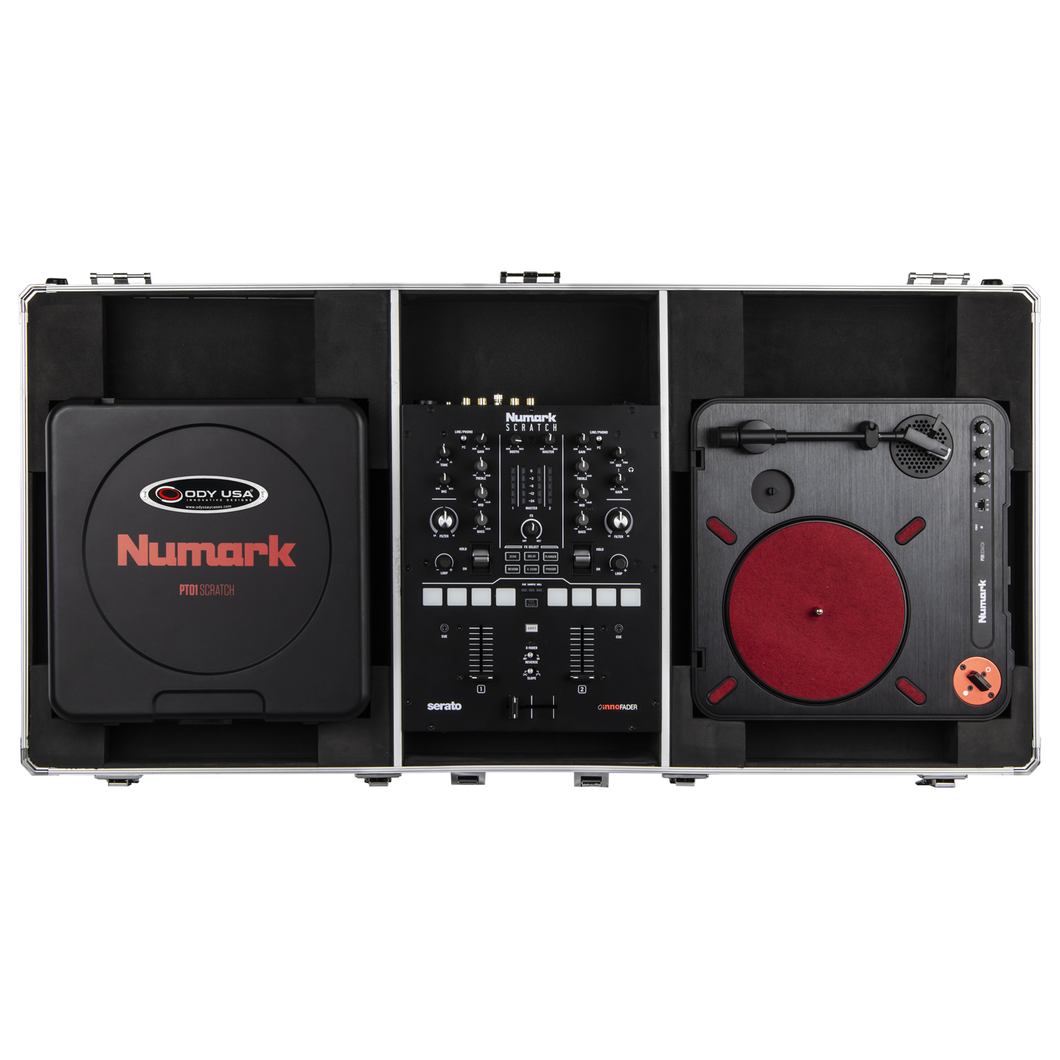 KROM Series Black Compact 10" Format DJ Mixer and Two Numark PT01 Turntables Coffin Case - Image 5